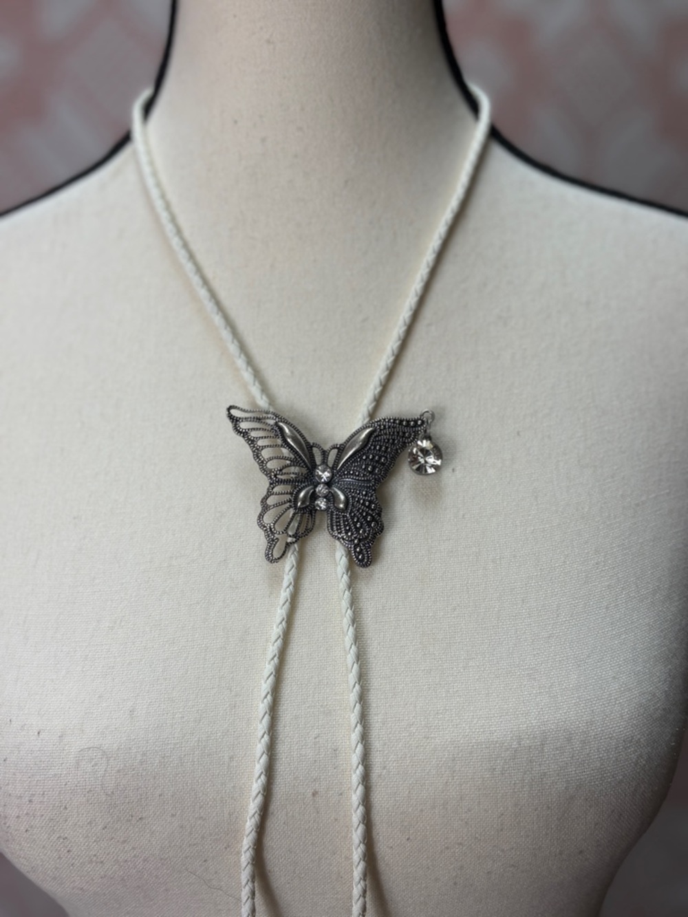 Handcrafted Butterfly Bolo Tie Necklace White Braided Cord - Picture 2 of 7